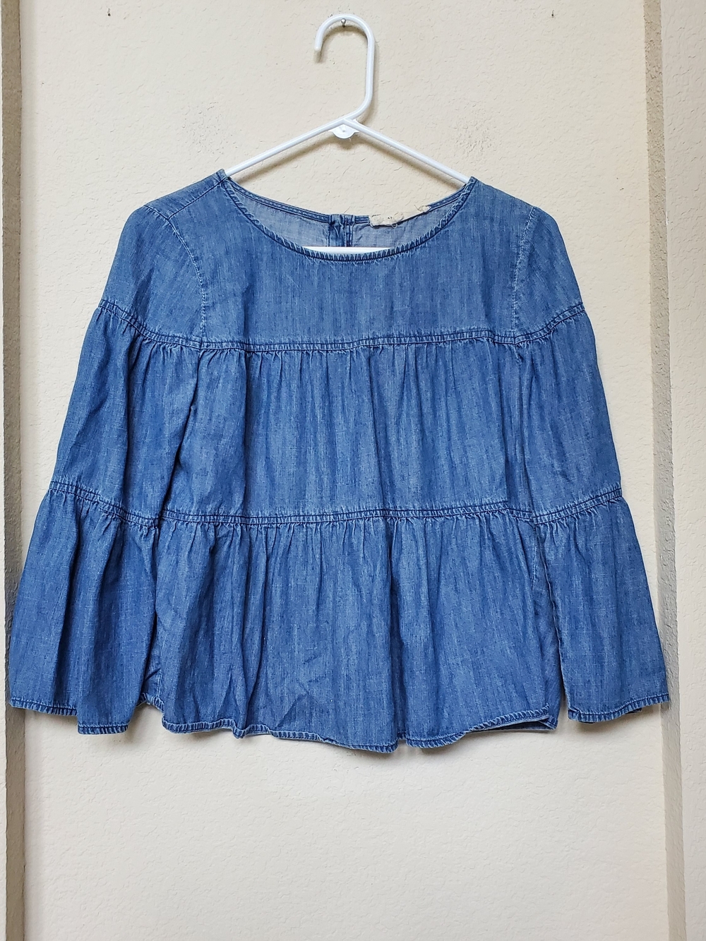 Madewell Blue Denim Tiered Peasant Boho Blouse. Size Small - Picture 1 of 6